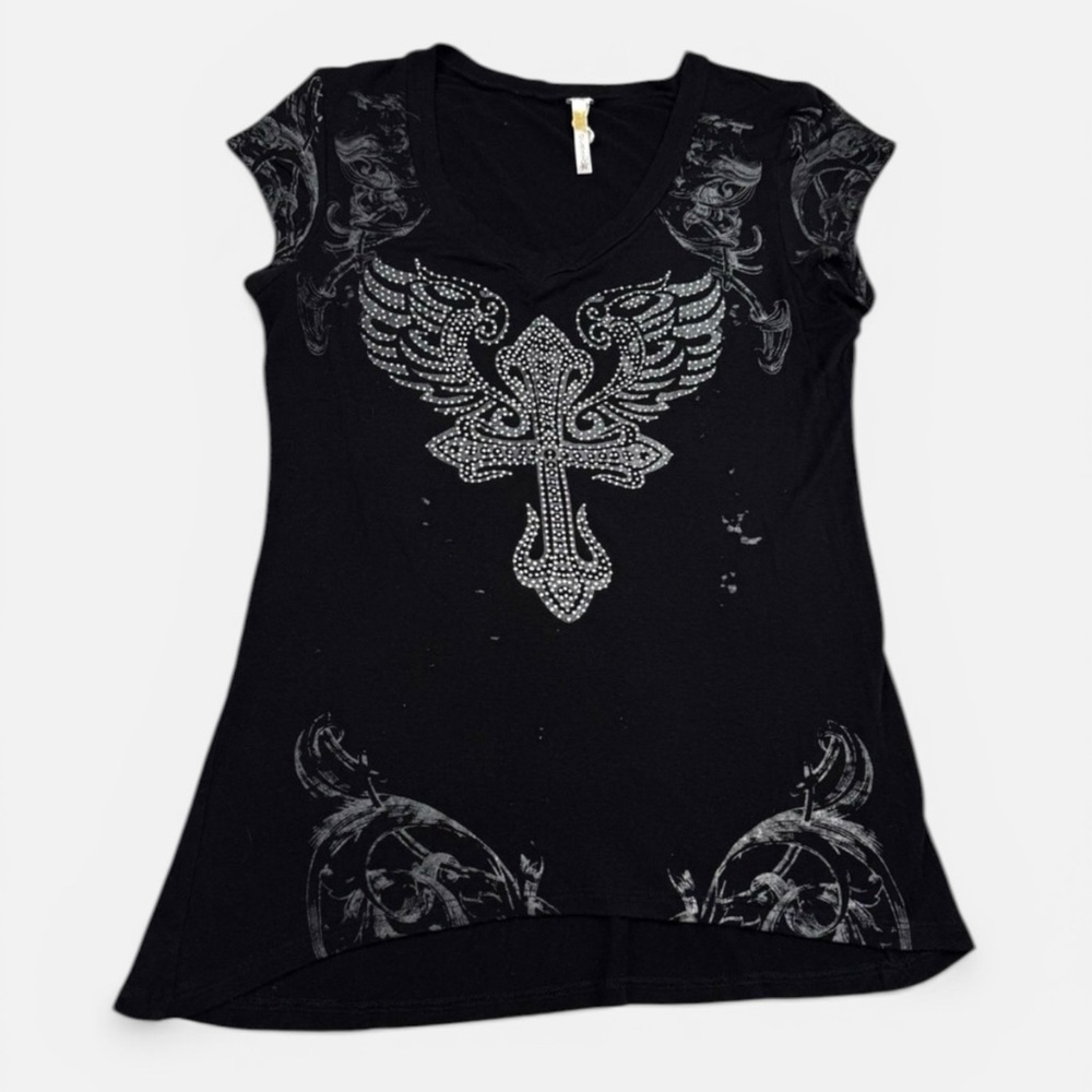 Affliction Inspired ‘Ocasion’ Cyber Grunge Embellished Cross T-Shirt in Black M